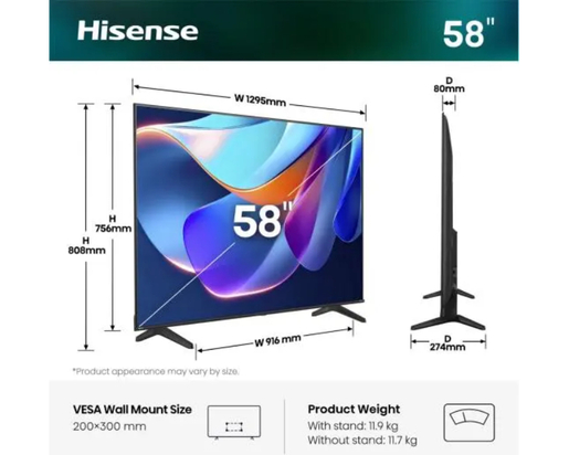 Hisense LED TV 58" 58A6S, 4K Ultra HD, VIDAA Smart OS