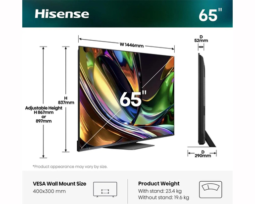 Hisense RGB Mini-LED TV 65" 65UR8S, 4K Ultra HD, VIDAA Smart OS