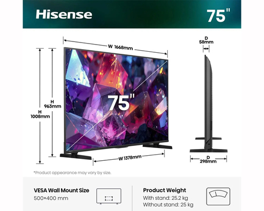 Hisense Hi-QLED TV 75" 75E7S PRO, 4K Ultra HD, VIDAA Smart OS