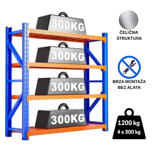 ePRO metalna montažna polica professional 200x200x60cm, metal-metal, 1.200kg (4x300kg) plava-narandžasta