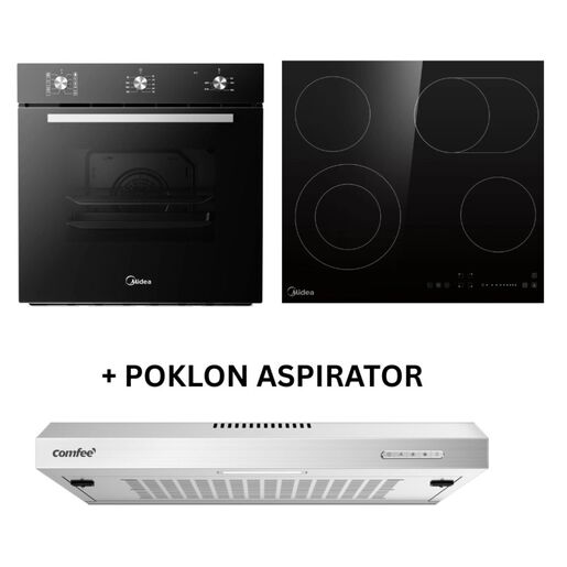Midea Ugradna rerna MBON5M90M5-BK + Midea Ugradna ploča MVC 662 + Poklon Comfee aspirator KWH-SLIF17SS-60