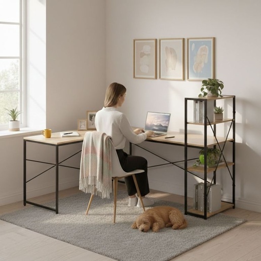 ModernHome Ugaoni radni sto sa policama, 4 police, svetli hrast, loft dizajn – TH-CD-6-16