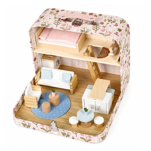 ECO TOYS Dvospratna kućica za lutke u koferu, sa drvenim nameštajem i 20 dodataka – EF4175