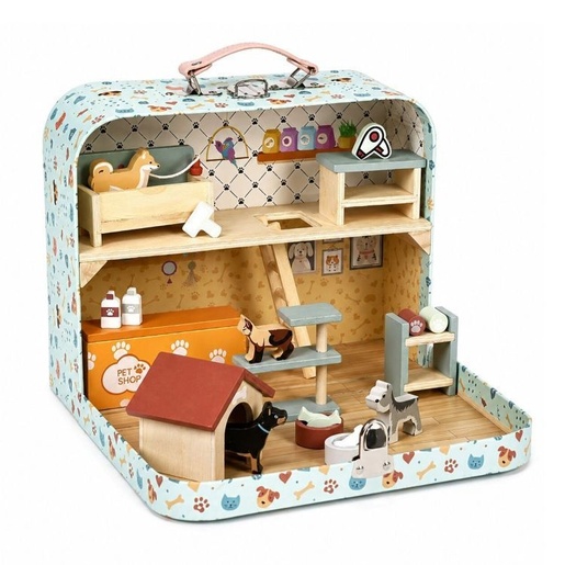 ECO TOYS Dvospratna prodavnica za kućne ljubimce u koferu, sa drvenim nameštajem i 23 dodatka – EF4172