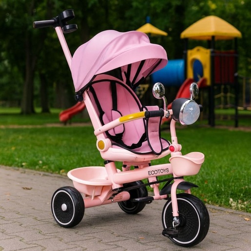 ECO TOYS Tricikl za decu sa rotirajućim sedištem, gurajućim rukohvatom i tendom pink WQL-186 PINK