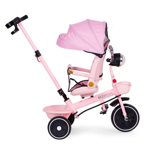 ECO TOYS Tricikl za decu sa rotirajućim sedištem, gurajućim rukohvatom i tendom pink WQL-186 PINK