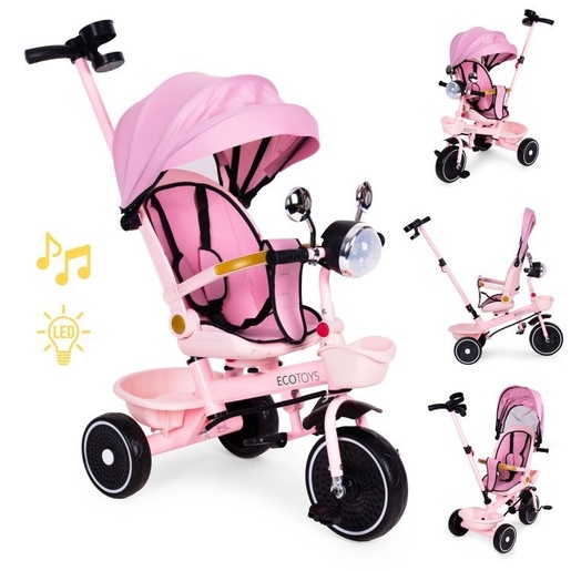 ECO TOYS Tricikl za decu sa rotirajućim sedištem, gurajućim rukohvatom i tendom pink WQL-186 PINK