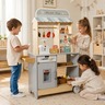 KINDER HOME Dečija drvena prodavnica 2 u 1, kuhinja, postolje, police, tabla i dodatna oprema W10A222B